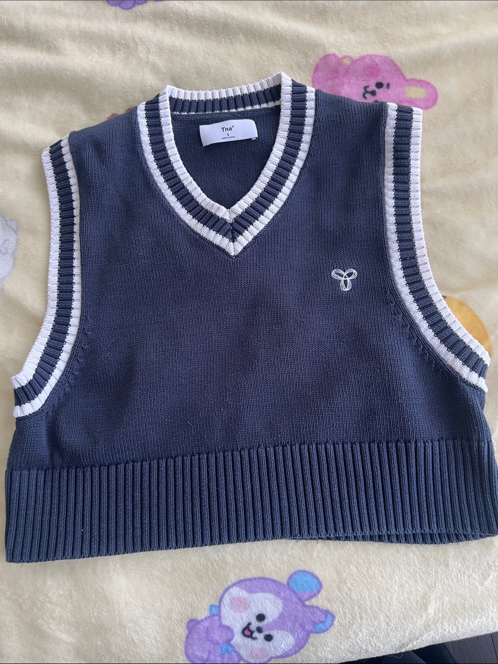 TNA Navy Knit V-Neck Sweater Vest with White Trim